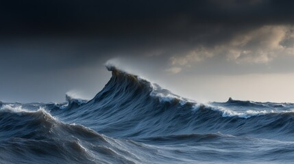 Fototapeta premium Wind-tossed sea with jagged waves, dramatic lighting highlighting the ocean s fury