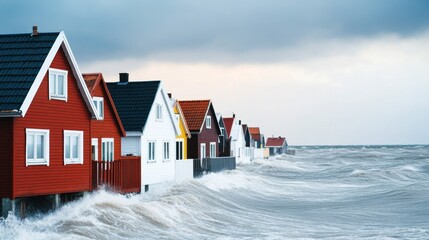 Seaside village with houses dangerously close to a rising storm tide, natural disaster anticipation