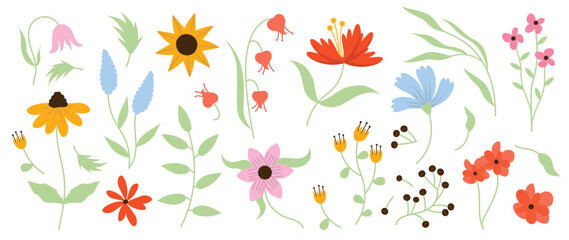Collection of botanical colorful floral elements vector. Set of floral wild flowers, branches leaves, foliage on white background. Hand drawn flower illustration for decor, sticker, clip art, print.