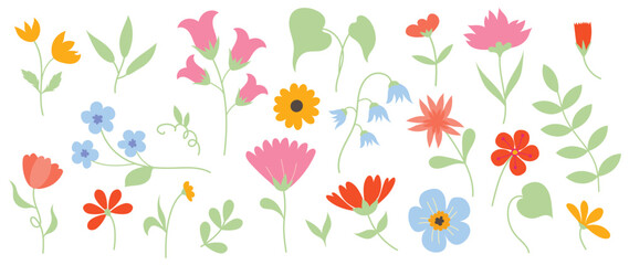 Collection of botanical colorful floral elements vector. Set of floral wild flowers, branches leaves, foliage on white background. Hand drawn flower illustration for decor, sticker, clip art, print.