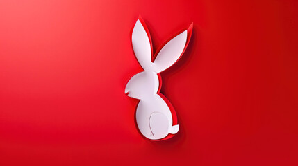 Happy Easter greeting card with head and white paper cut Easter Bunny Ears isolated on a red background, illustration, Generative Ai