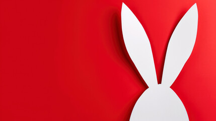 Happy Easter greeting card with head and white paper cut Easter Bunny Ears isolated on a red background, illustration, Generative Ai
