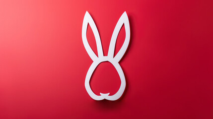 Happy Easter greeting card with head and white paper cut Easter Bunny Ears isolated on a red background, illustration, Generative Ai