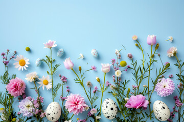 Creative layout made with colorful flowers and painted Easter eggs. Minimal nature on light blue background. Spring holidays concept. Generative Ai
