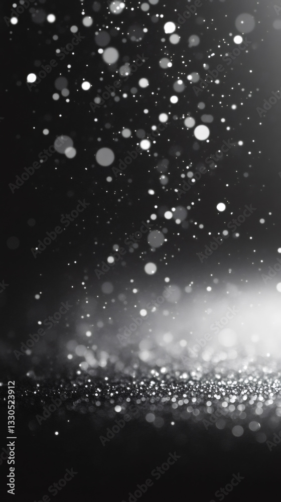 Poster silver glitter falling on a black background creating a magical bokeh effect, perfect for luxury, fe