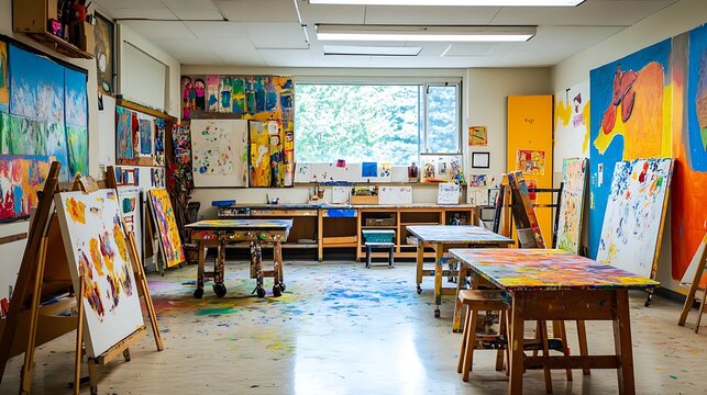 Inside Vibrant Art Classroom with Easels and Colorful Paint Splatters