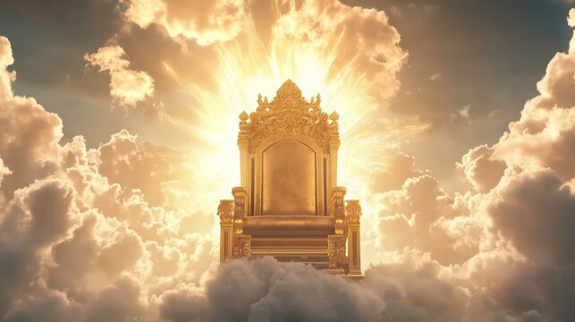 Animation of majestic golden throne of god in heaven in the sky surrounded white clouds and divine light. Second coming of Jesus Christ. Biblical scene. Christian religion concept