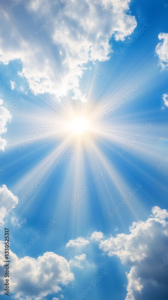 Aufkleber sunlight piercing fluffy clouds, casting golden rays across expansive azure sky with radiant, ethere