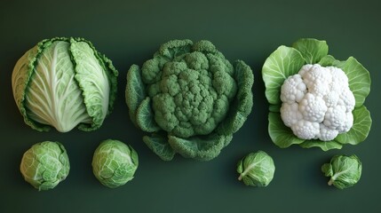 Fototapeta premium Realistic 3D icons of various vegetables: cabbage, lettuce, broccoli, cauliflower, and Brussels sprouts. 