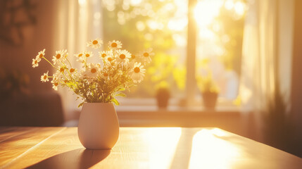A vase of daisies on the kitchen table.