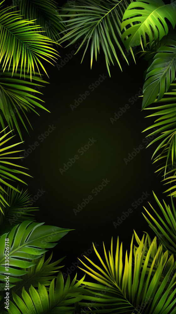 Poster lush tropical leaves forming a vibrant vertical frame against a dark backdrop, creating a natural an