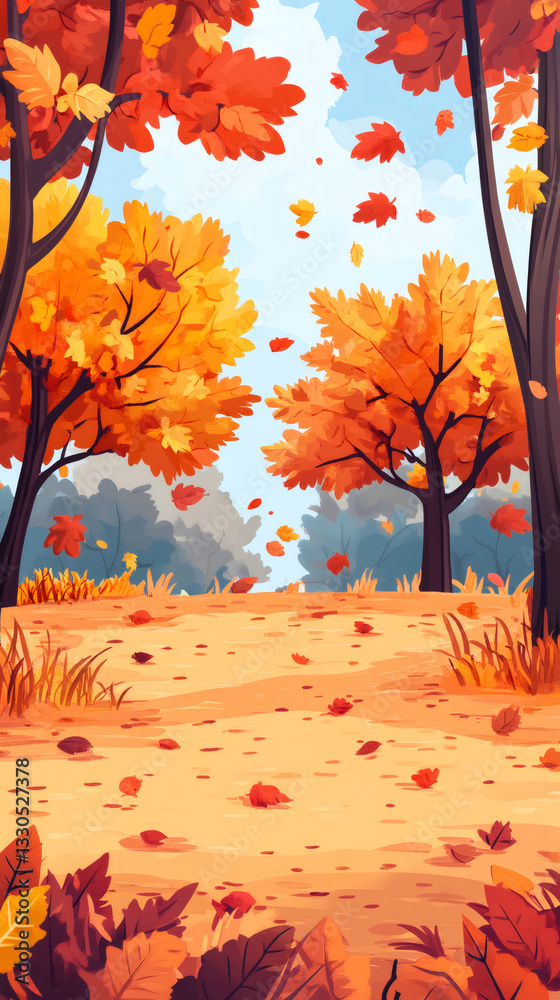 Poster falling leaves covering a path in a beautiful autumn forest landscape with colorful foliage and warm