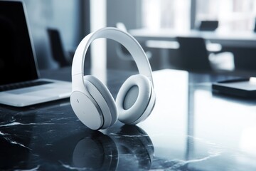 Modern Wireless Headphones on a Reflective Desk with Laptop and Tablet in the Background