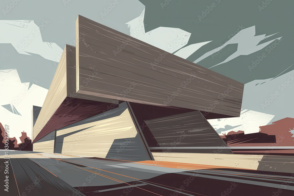 Poster abstract modern architecture with dynamic geometric shapes and a muted color palette