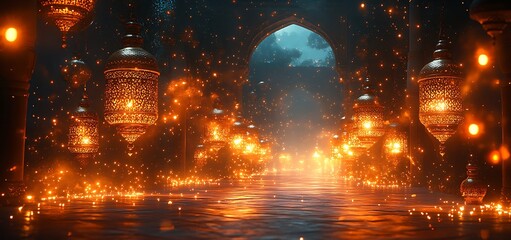 Mystical Archway Illuminated by Floating Lanterns Reflecting Golden Light on Tranquil Water

