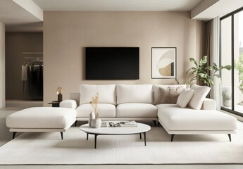 Modern minimalist living room with off-white sectional sofa, ottoman, coffee table, and neutral decor.