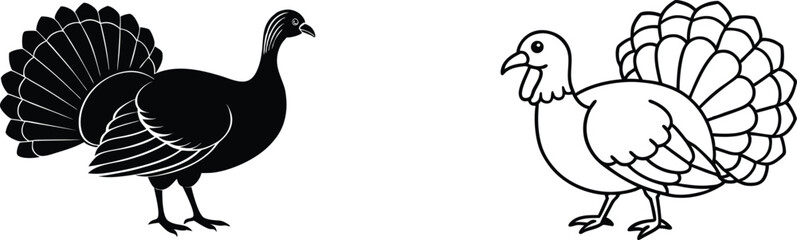 Two Turkeys Black and White Line Drawings of Poultry