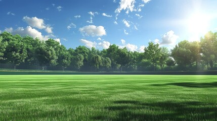 A tranquil baseball field featuring green grass, bases, and a pitcher's mound. Surrounded by dense trees under a blue sky with scattered clouds, it exudes calmness and charm.