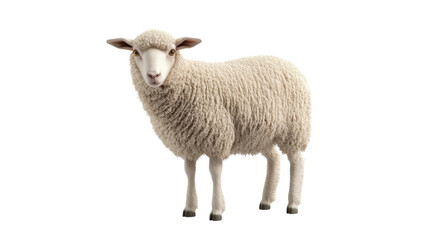 Fototapeta premium Sheep grazing peacefully in a sunny field, showcasing thick wool and curious expression during a serene afternoon