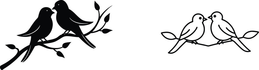 Two Birds on Branch, Silhouette, Love, Nature, Couple, Romance, Art, Design, Illustration, Graphics