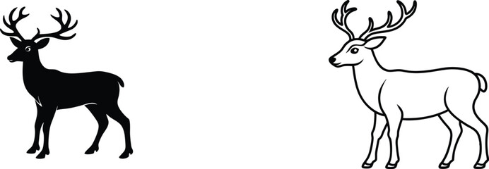 Black and White Deer Silhouettes Antlered Bucks, Wildlife Illustrations