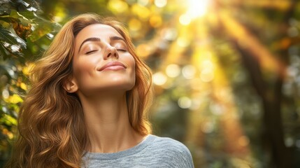 Obraz premium A woman stands calmly in a lush forest, embracing the warmth of the sun filtering through the leaves. Her relaxed expression reflects tranquility and connection to nature