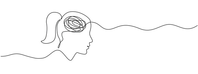 The continuous only linear feature of a woman with confusing thoughts. The concept of problems of mental health, stress, mountain, headaches in a simple linear style. Vector editable illustration