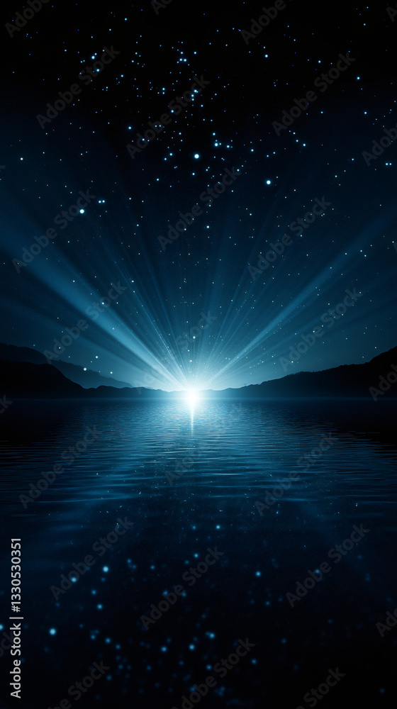 Poster light beams illuminate a calm lake under a starry night sky, creating a serene and magical atmospher