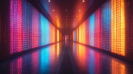 a colorful and neon light-filled corridor. The lights on the walls create a vibrant and immersive atmosphere, with the reflections creating a symmetrical and fascinating pattern on the shiny floor.