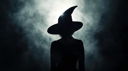 Silhouette of mystic wicked witch in black hat and dress on dark background. Halloween holiday. Witches sabbath on Walpurgis night. Black magic and paganism concept