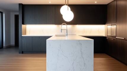 A stylish kitchen with a polished white marble island, deep matte black cabinets, and soft white pendant lights suspended above the sink