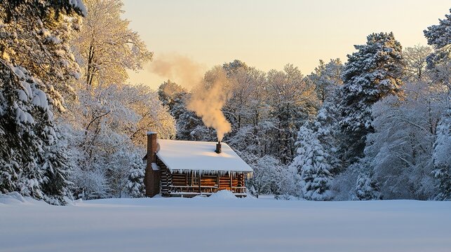 A snow-covered cabin surrounded by a peaceful forest, smoke rising from the chimney as the January sunset casts a warm glow.