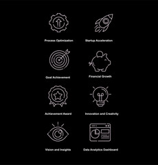 Fototapeta premium Modern Business Performance and Innovation Approval Icons Set – Time Management, Growth Strategy, High Performance, and Idea Validation, Editable Stroke