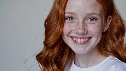 Studio portrait of a cheerful young girl with vibrant red hair, freckles, and captivating green eyes, radiating happiness and confidence against a light grey background - Powered by Adobe