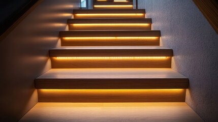 A stylish staircase with light oak wood steps, softly glowing with warm amber LED strip lights along each tread