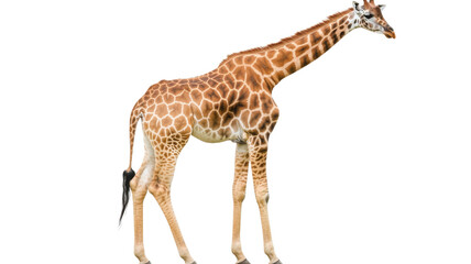Obraz premium Elegant giraffe standing gracefully against a plain background, showcasing its distinctive patterns and long neck