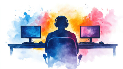 Immersive lan party setup watercolor art featuring multiple monitors and vibrant palette for gaming enthusiasts and creative spaces