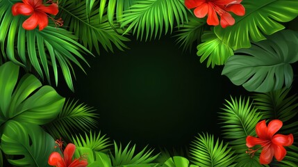 Naklejka premium Lush Tropical Paradise: Vibrant Hibiscus and Palm Leaves Frame