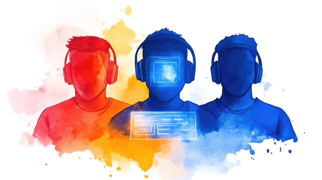 Watercolor illustration of esports team strategy session with headphones and digital interface