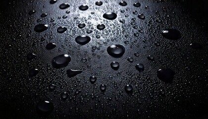 Drops of Water on a Black Surface with Metallic Shine: Water Droplets Reflecting Light and Creating a Beautiful Metallic Effect on a Dark Surface, Glimmering in the Light.

