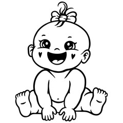 Cute baby sitting and smiling. A joyful black and white silhouette clipart design, perfect for baby-related projects, invitations, prints, and decorations.
