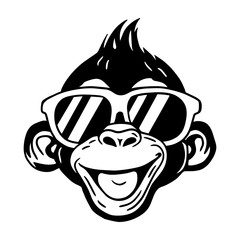 Cool monkey face in sunglasses, black and white vector silhouette. Perfect for logo design, prints, stickers, and digital art projects. © liza