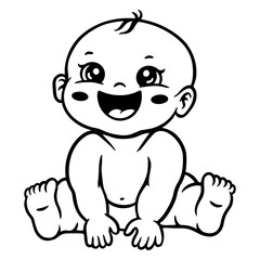 Cute baby sitting and smiling. A joyful black and white silhouette clipart design, perfect for baby-related projects, invitations, prints, and decorations.