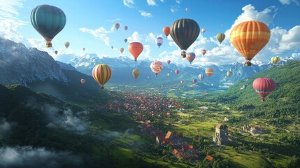 Fototapeta premium A breathtaking aerial view of colorful hot air balloons soaring over a picturesque valley, with lush greenery and distant mountains under a bright blue sky, showcasing a serene landscape
