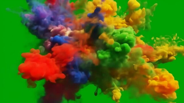 Colorful smoke explosion on green background. Rainbow powder burst. Effect ready to chroma key. Holly color festival. Creative design concept