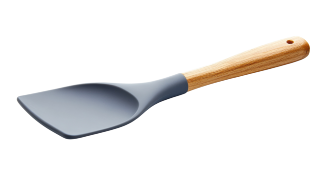 Silicone spatula with wooden handle for cooking and baking needs in kitchen setting