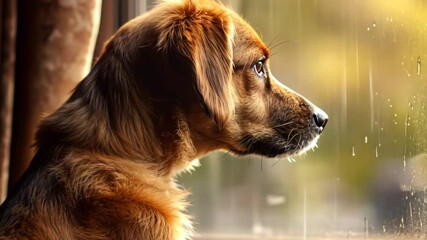 A loyal dog sits by a window, anxiously looking out for his owner as it rains outside. The scene reflects unwavering loyalty and love as warm sunlight fills the room, highlighting his expectant gaze.