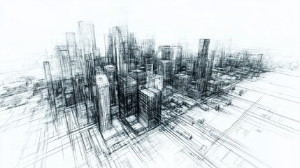 Fototapeta premium A 3D city drawing, shown as lines and layers. Some lines are visible, others are hidden, like a wireframe model. 