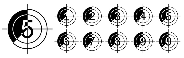 countdown frames number vector illustration from 0 to 9. retro reel countdown numbers