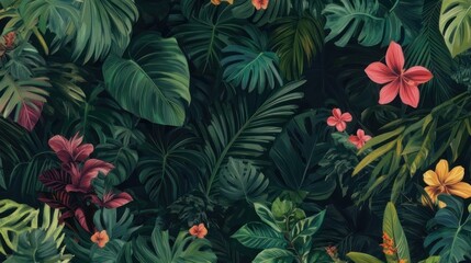 Lush tropical foliage pattern with vibrant flowers